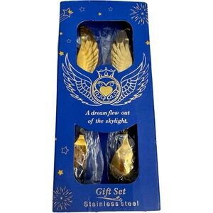 Spoon/Fork Kids Gift Sets With Angel Wings Stainless Steel Gold Tone NIB